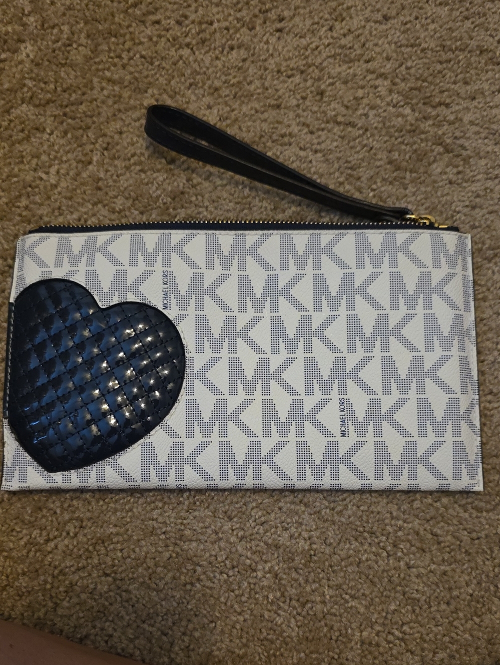 Michael Kors White and Navy MK Logo Heart Wristlet